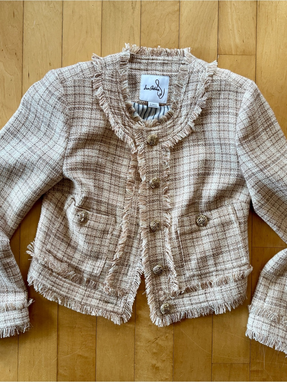Sam Edelman Fringe Trim Tweed Jacket in Neutral Plaid